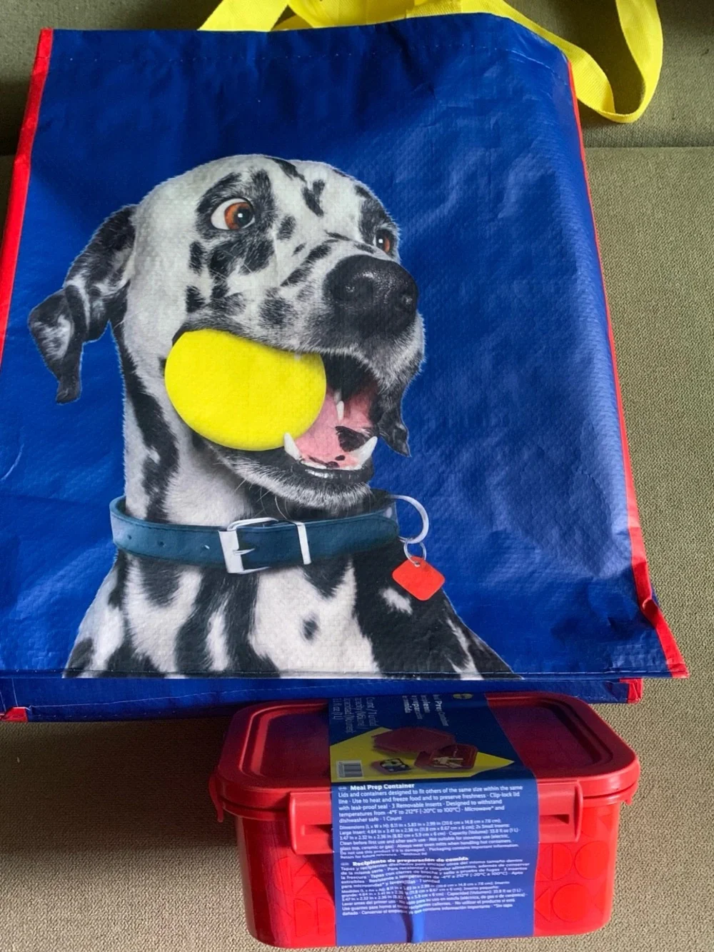 Blue and Yellow Dog Tote Bag with Tennis Ball and meal prep container